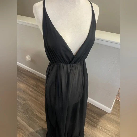 Vintage Sheer Black Maxi Nightgown Deep V Spaghetti Strap Long Chemise L - Picture 3 of 9
